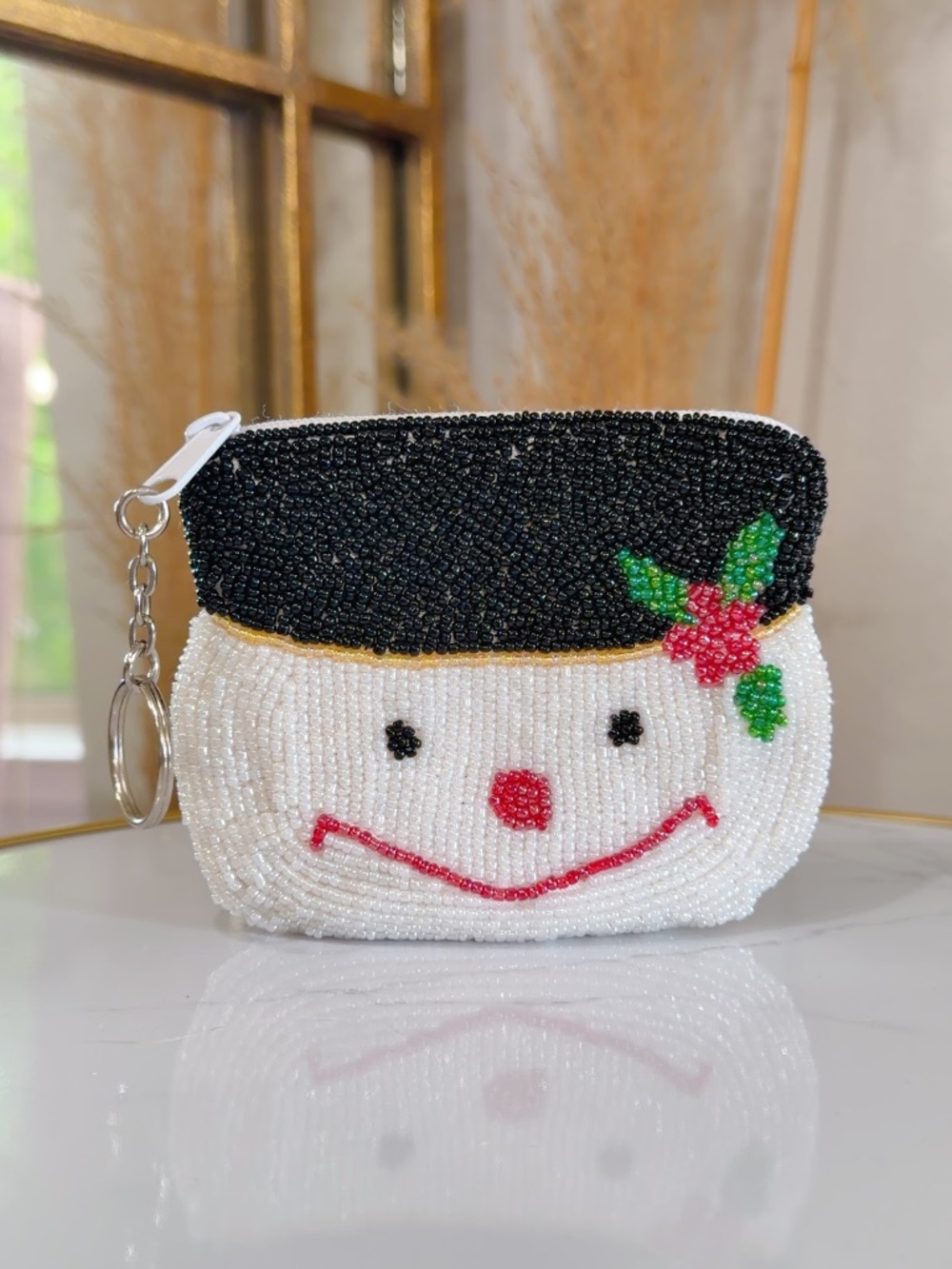 Vintage Beaded Holiday Snowman Coin Purse Keychain Ring (4.5" x 3.75")